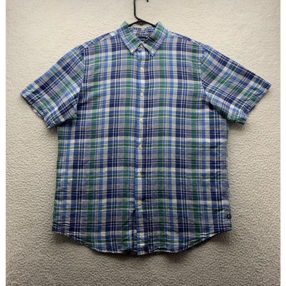 Chaps Button Up Shirt Mens Large L Linen Blend Blue Green Plaid Preppy Dad